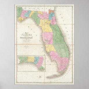 Poster Mapa do vintage de Florida (1839)