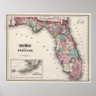Poster Mapa do vintage de Florida (1873)