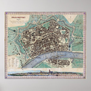 Poster Mapa do vintage de Francoforte Alemanha (1845)