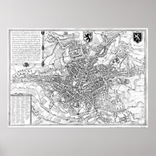Póster Mapa do vintage de Ghent Bélgica (1650) BW