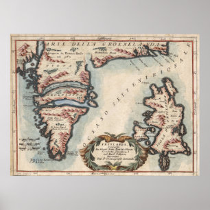 Poster Mapa do vintage de Greenland e de Islândia (1694)