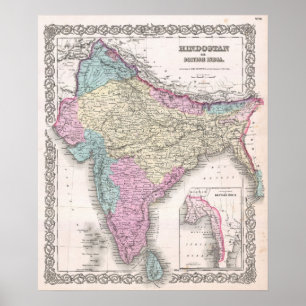 Póster Mapa do vintage de India (1855)