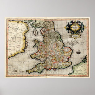 Poster Mapa do vintage de Inglaterra (1596)