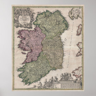 Póster Mapa do vintage de Ireland (1716)