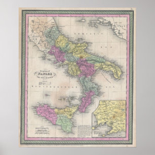 Poster Mapa do vintage de Italia do sul (1853)