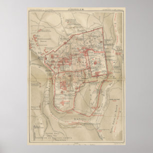 Poster Mapa do vintage de Jerusalem Israel (1896)