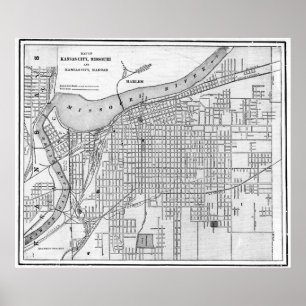 Póster Mapa do vintage de Kansas City Missouri (1901) BW