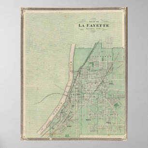 Poster Mapa do vintage de Lafayette Indiana (1876)