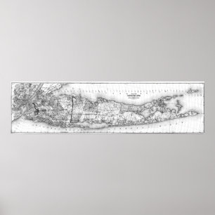 Poster Mapa do vintage de Long Island New York (1873) BW