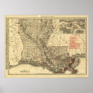 Poster Mapa do vintage de Louisiana (1896)