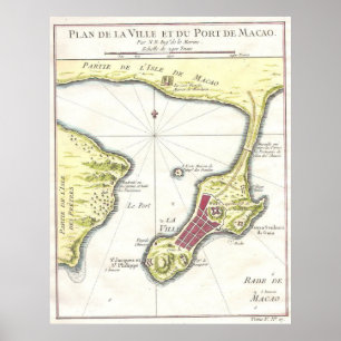 Poster Mapa do vintage de Macau China (1750)