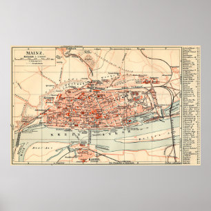 Poster Mapa do vintage de Mainz Alemanha (1905)