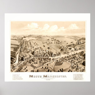 Poster Mapa do vintage de Manchester, CT em 1880