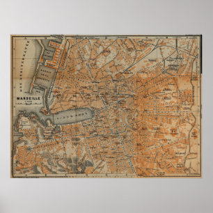 Póster Mapa do vintage de Marselha France (1914)