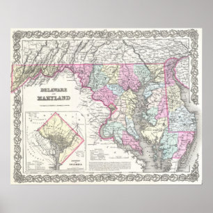 Póster Mapa do vintage de Maryland (1855)