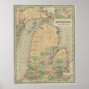 Póster Mapa do vintage de Michigan (1838)