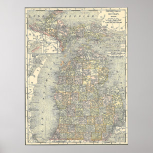 Póster Mapa do vintage de Michigan (1901)