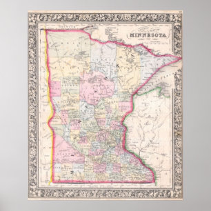 Póster Mapa do vintage de Minnesota (1864)