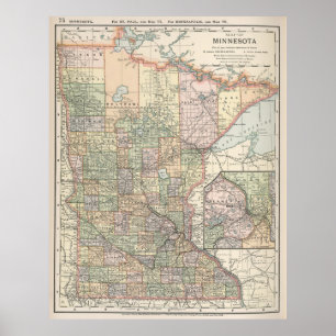 Poster Mapa do vintage de Minnesota (1891)