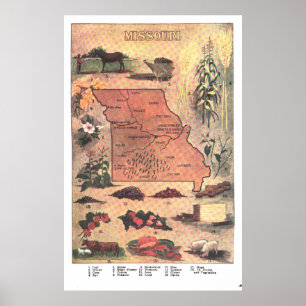 Poster Mapa do vintage de Missouri (1921)