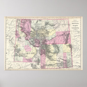 Poster Mapa do vintage de Montana, de Wyoming e de Idaho