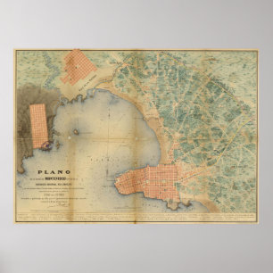 Póster Mapa do vintage de Montevideo Uruguai (1867)