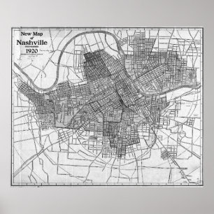 Póster Mapa do vintage de Nashville Tennessee (1920) BW