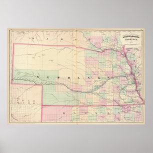 Poster Mapa do vintage de Nebraska (1874)