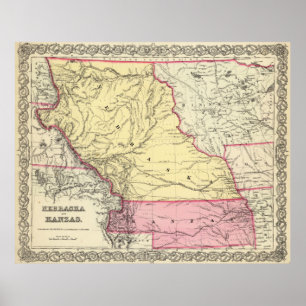 Poster Mapa do vintage de Nebraska e de Kansas (1856)