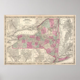 Poster Mapa do vintage de New York (1864)