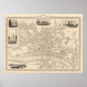 Poster Mapa do vintage de Newcastle Inglaterra (1851)