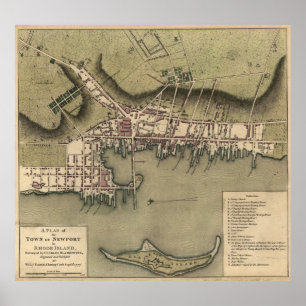 Póster Mapa do vintage de Newport Rhode - ilha (1777)