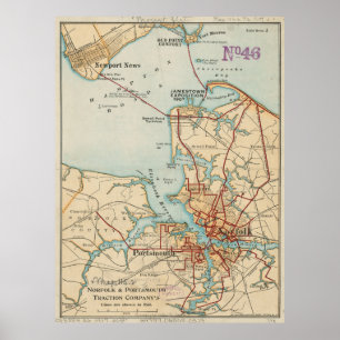 Póster Mapa do vintage de Norfolk e de Portsmouth VA