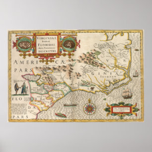 Póster Mapa do vintage de North Carolina (1638)