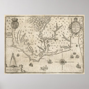 Póster Mapa do vintage de North Carolina litoral (1590)