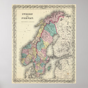 Poster Mapa do vintage de Noruega e de suecia (1856)
