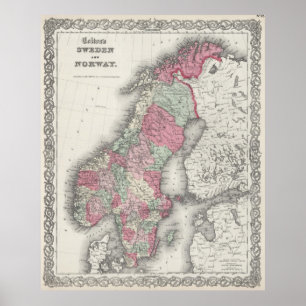 Póster Mapa do vintage de Noruega e de suecia (1865)