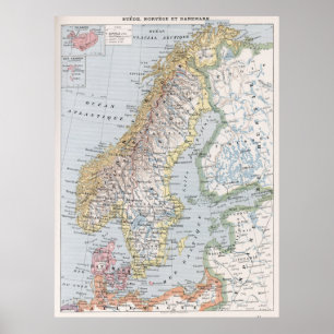 Poster Mapa do vintage de Noruega e de Suecia (1900)