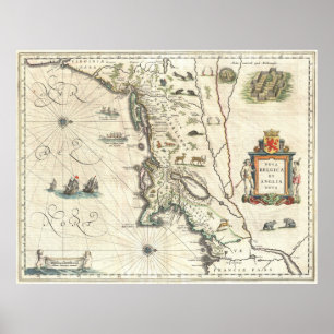Poster Mapa do vintage de Nova Inglaterra (1635)