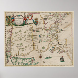 Poster Mapa do vintage de Nova Inglaterra (1675)