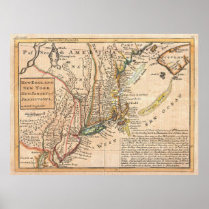 Poster Mapa do vintage de Nova Inglaterra (1729)