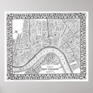 Póster Mapa do vintage de Nova Orleães (1880) BW
