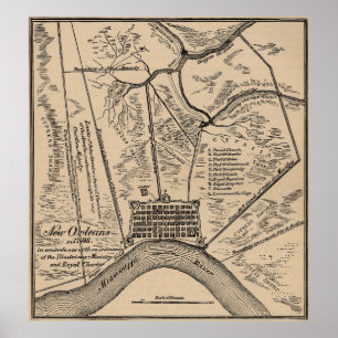 Póster Mapa do vintage de Nova Orleães Louisiana (1798)