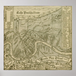 Póster Mapa do vintage de Nova Orleães Louisiana (1919)