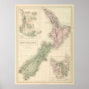 Poster Mapa do vintage de Nova Zelândia (1854)