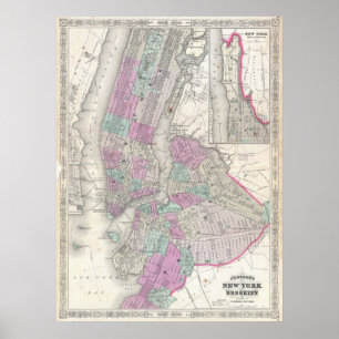 Poster Mapa do vintage de NYC e de Brooklyn (1866)