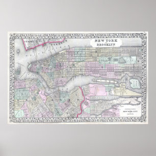 Póster Mapa do vintage de NYC e de Brooklyn (1867)
