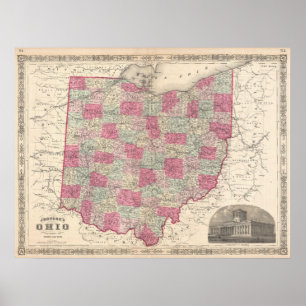 Póster Mapa do vintage de Ohio (1864)