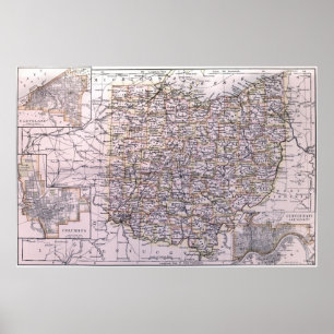 Póster Mapa do vintage de Ohio (1884)