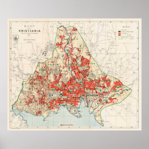 Póster Mapa do vintage de Oslo Noruega (1911)